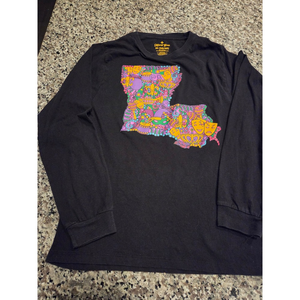 Mardi Gras Louisiana State Map Graphic Long Sleeve‎ T-Shirt Black Mens Medium